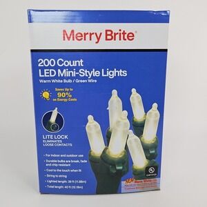 Merry Brite 200 Count LED Mini Warm White Bulb Green‎ Wire Christmas 40ft New